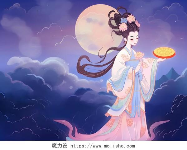 中秋节嫦娥玉兔月饼月下插图卡通唯美手绘古风人物插画壁纸